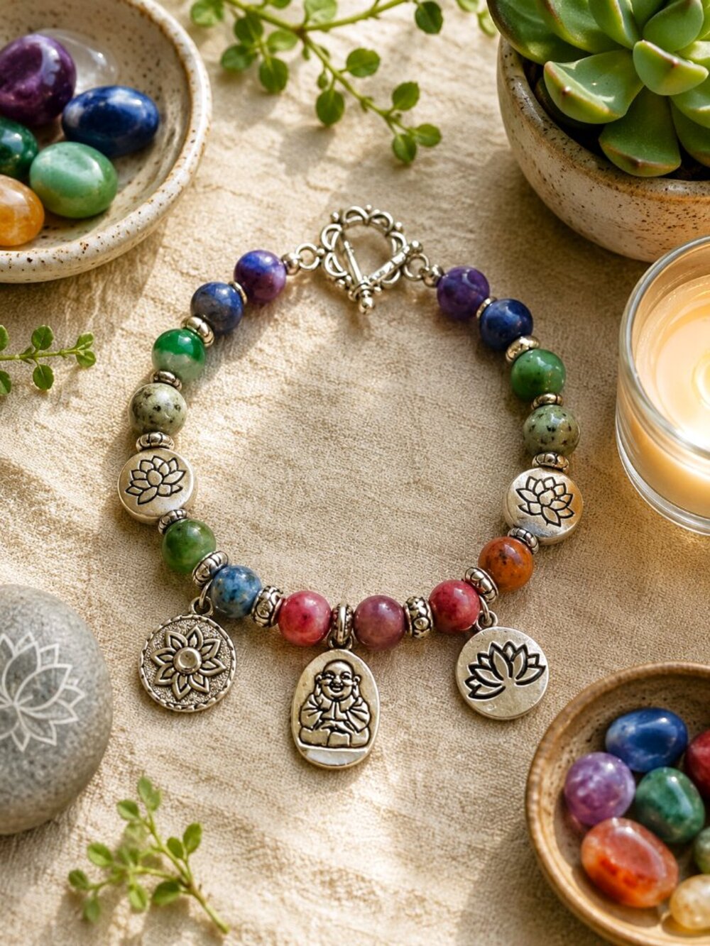 Artisan Chakra Bracelet Buddha Lotus Charm Colorful Gemstone Yoga Meditation - Picture 9 of 12